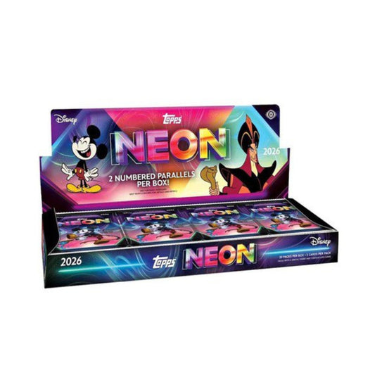 Topps Disney Neon Hobby Box Trading Cards, 20 Packs Per Box, 5 Cards Per Pack, Numbered Parallels, Neon PETG Lights Card, Chrome Neon Etch Base Cards, Disney Collectibles TCG Set