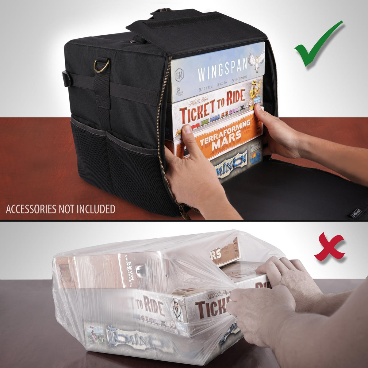 ENHANCE Board Game Shoulder Bag - Reinforced Board Game Storage with Padded Shoulder Strap and Accessories Pockets for Dice, Cards, More - Carrier Protects Tabletop Adventures