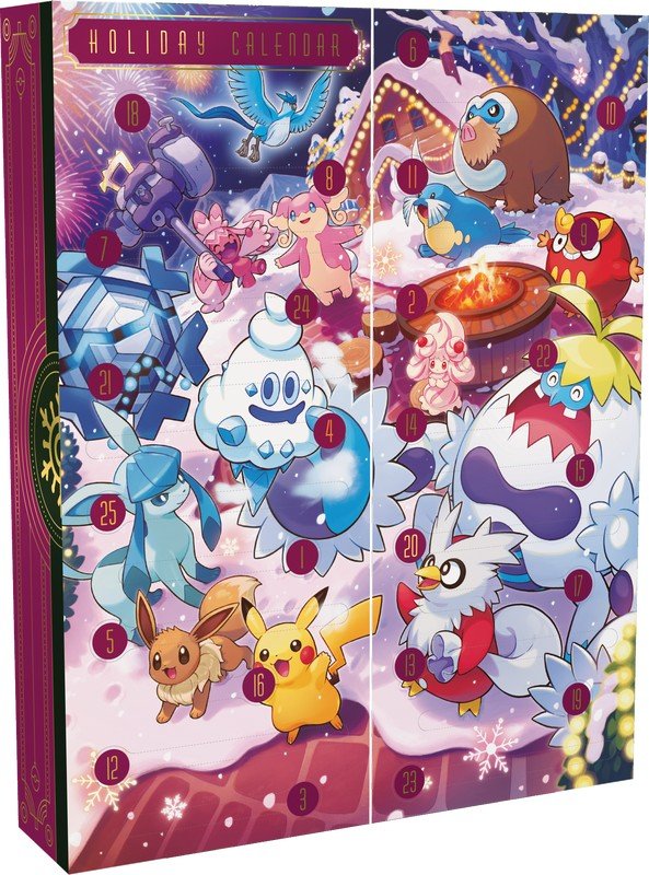 Pokémon TCG: Holiday Calendar 2025 – 25 Days of Surprises with 8 Festive Foil Cards, 6 Booster Packs, 7 Fun Packs, 2 Coins, 2 Sticker Sheets & Code Card – Seasonal Gift for Kids & Collectors